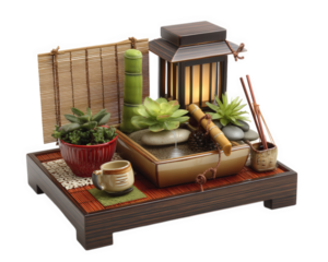 Serene tabletop fountain featuring meditative vibe, surrounded by lush succulents, bamboo, and decorative elements, perfect for creating calming atmosphere in any space