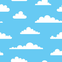 Seamless pattern with different cartoon horizontal flat clouds on blue sky background. Cute and simple wallpaper with white puffy cloud. Vector illustration.