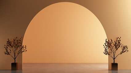 Modern empty living room and plants mockup decoration and Thai tea color wall texture background interior design. 3d rendeing