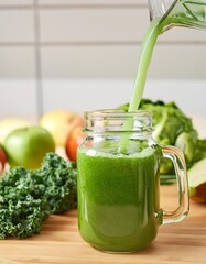 Green smoothie being poured into a glass jar with fresh ingredients in background