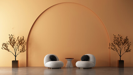 Modern living room and white arm chairs mockup decoration and Thai tea color wall texture background interior design. 3d rendeing