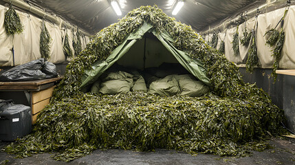 An Unusual Camouflaged Military Tent Setup in an Interior Space Environment