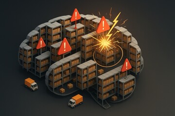 A conceptual illustration of a brain surrounded by storage units, featuring warning signs and an explosion, symbolizing chaos and alertness.