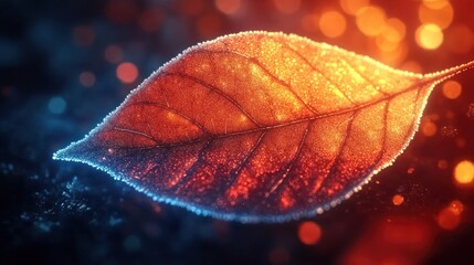 Vibrant autumn leaf, glowing with contrasting colors