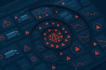 Obraz premium Digital interface featuring data analytics with truck icons and warning signs in a spiral layout, emphasizing logistics management.