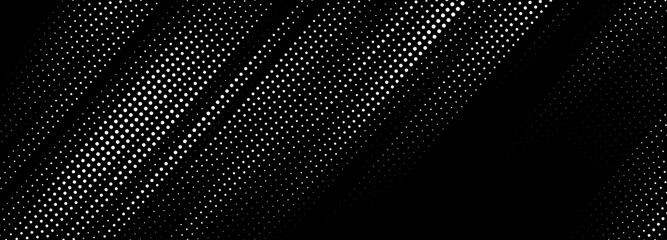 4k black and white tones halftone pop art comic background. Dynamic circles dots fading diagonal over dark backdrop. Modern sport abstract design. Texture of dots pattern. Dotted lined round gradient