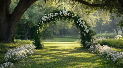 Wedding archway, garden ceremony, sunny day, floral decor, outdoor event