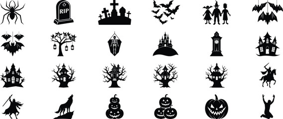 Halloween Vector Set – Haunted Silhouettes of Monsters, Witches, and Night Creatures