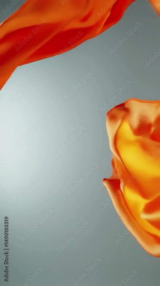 Poster Flowing Orange Fabric: Abstract Motion and Smooth Texture on Grey Background