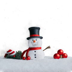 Festive Snowman Figure with Hat, Scarf and Christmas Tree Ornaments on Snowy Backdrop