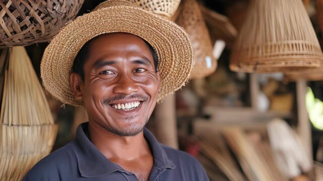 A smiling artisan wearing a straw hat, showcasing handmade crafts in a vibrant workshop.