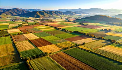Fototapeta premium Aerial View of Patchwork Farmland: A stunning aerial view captures the vibrant colors and geometric patterns of a patchwork farmland nestled amidst rolling hills.