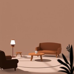 Minimalist Living Room Interior Brown Sofa Lamp Wooden Table Plant Pot