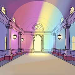 Empty grand hall with colorful lighting rays shining through classic architecture