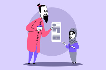 Healthcare professional interacting with young girl, handing her document