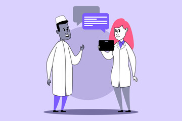 Two healthcare professionals interacting as one holding tablet, discussing patient information in modern setting. Technologys role in healthcare concept