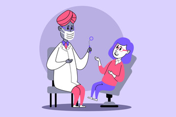 Healthcare professional in mask checking young patients teeth with dental mirror. People communicating in friendly manner, promoting comfort during visit