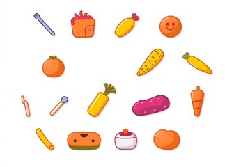 Cute cartoon food and makeup components colorful icons set on white