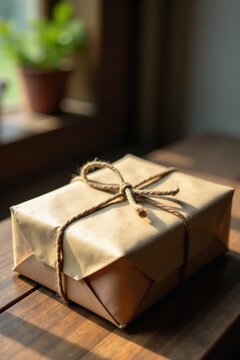 A simply wrapped gift sits on a wooden surface, bathed in warm sunlight near a window.