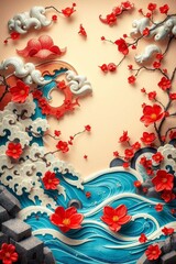 Japanese style waves and cherry blossoms art