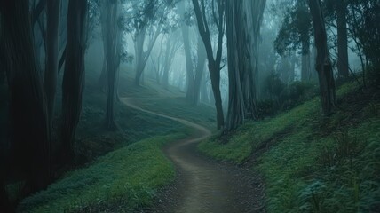 Obraz premium Winding Trail Through Foggy Forest with Soft Shadows