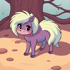 Cute Purple Pony Cartoon Character With Blonde Hair Standing Near Tree