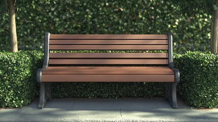 Park bench, green hedge background, sunlight, relaxation, outdoor seating