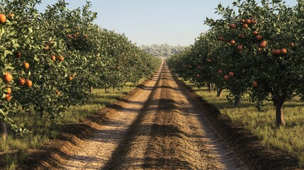 Naklejka premium Orchard Road, Summer Harvest, Rural Landscape, Agriculture