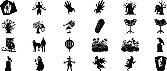 Spooky Halloween Vector Set – Haunted Silhouettes of Monsters, Witches, and Night Creatures.