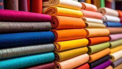 Textile Texture: A vibrant display of rolled fabrics in various colors, showcasing the intricate textures and rich hues of the material, a celebration of design and artistry.