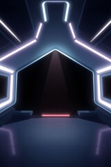 Futuristic neon doorway in dark corridor with blue and pink light