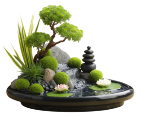 Serene tabletop fountain featuring lush greenery, smooth stones, and tranquil water flow creates meditative atmosphere. decorative elements include lotus flowers and moss, enhancing calming vibe