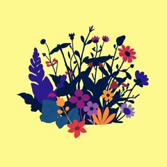 Colorful flower silhouettes on yellow background artistic design colorful vibrant nature