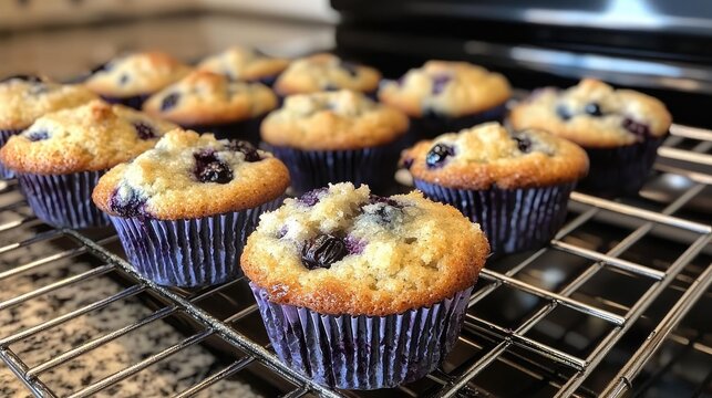 Freshly baked blueberry muffins cooling on a wire rack. - Powered by Adobe