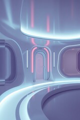 Futuristic clean blue and purple room with glowing lights on door