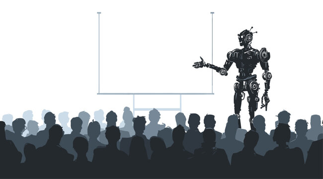 vector robot giving presentation to people on white background .Generative AI