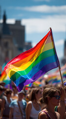 Joyful scenes from a pride parade featuring rainbow flags, diverse participants, and powerful community spirit celebrating LGBTQ identity and equality.
