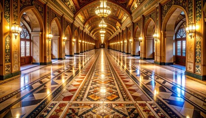 Fototapeta premium Hall of Elegance: A grand, ornate hallway, with its gleaming, patterned floor and rows of archways, illuminated by chandeliers.