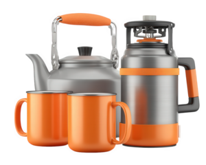 Set of camping mugs, kettle, and thermos in vibrant orange and silver colors, perfect for outdoor adventures and enjoying hot beverages. This collection is ideal for camping enthusiasts