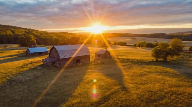Golden sunset over rural barns
