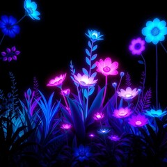 Neon Glowing Flowers in the Dark Botanical Landscape