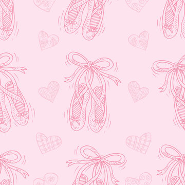 Seamless pattern pointe ballet shoes on pink background.