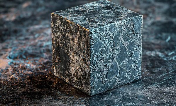 Close-up view of a textured stone cube on a dark surface, showcasing its details and imperfections