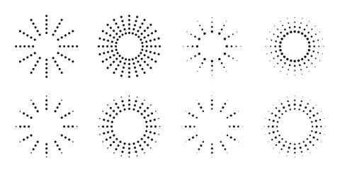 Sunburst Icon Set. Sun Rays Emblem. Circle Frame. Line and Dots Rays. Sun Burst Halftone. Starburst Icon. Vector Logo