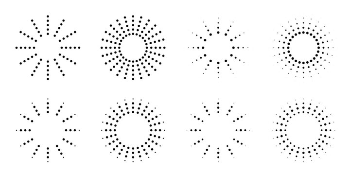 Sunburst Icon Set. Sun Rays Emblem. Circle Frame. Line and Dots Rays. Sun Burst Halftone. Starburst Icon. Vector Logo