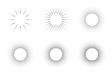 Sunburst Icon Set. Sun Rays Emblem. Circle Frame. Line and Dots Rays. Sun Burst Halftone. Starburst Icon. Vector Logo