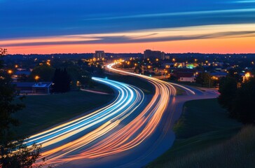 Obraz premium Conceptual city road lit by radiant blue light trails,