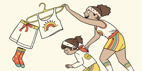 Cartoon illustration of two children choosing colorful rainbow outfits and sportswear