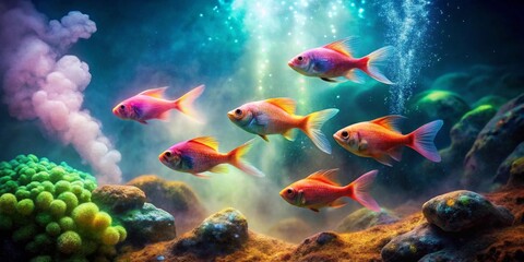 Fototapeta premium Vibrant aquatic scene featuring a school of iridescent fish swimming amidst a mystical underwater landscape of colorful coral and shimmering particles.