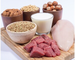 This image showcases a variety of foods that are good sources of protein, arranged on a wooden cutting board against a white background. There are several bowls and individual items displayed.
